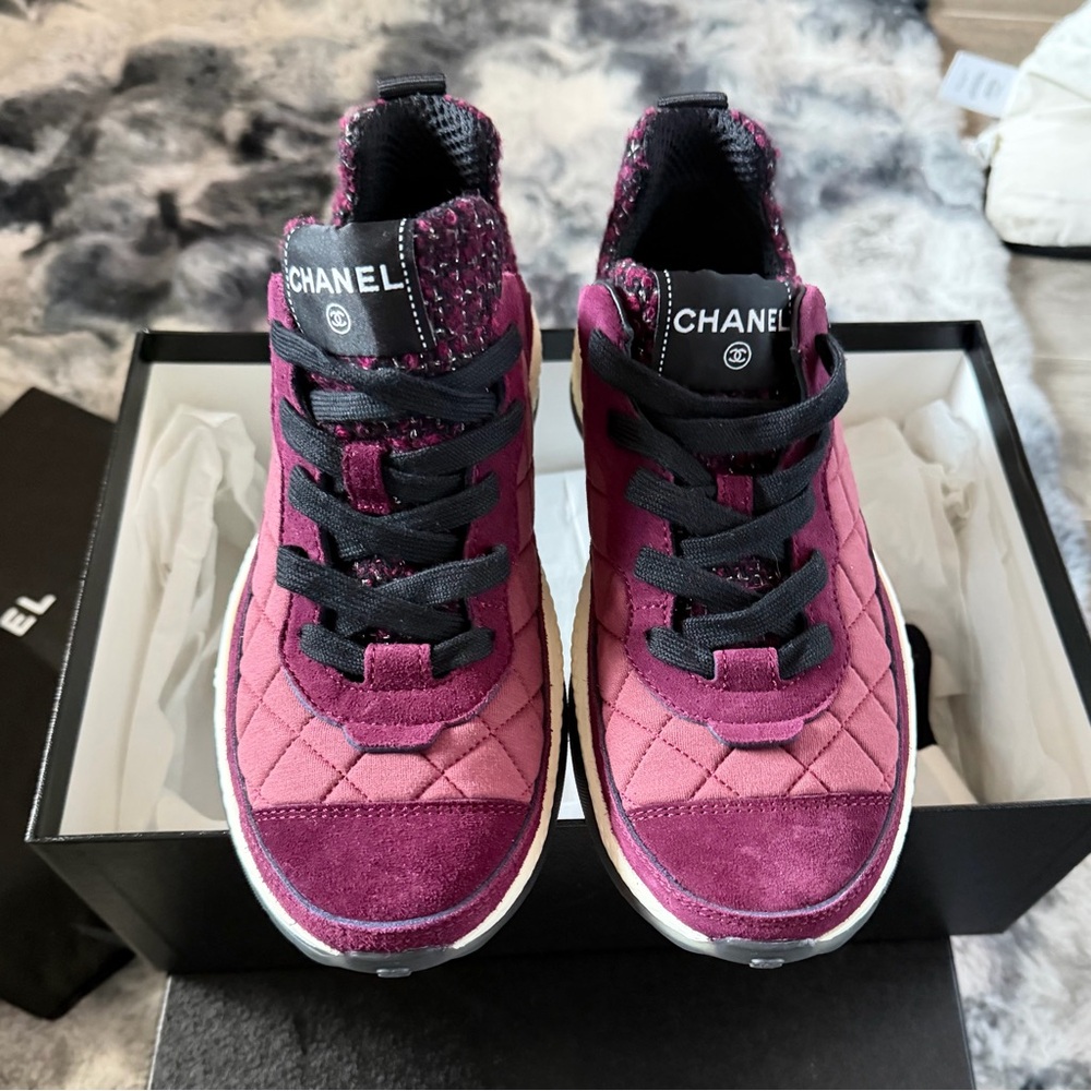 CHANEL Burgundy and Black Tweed Sneakers size 8.5 (New in Box)
